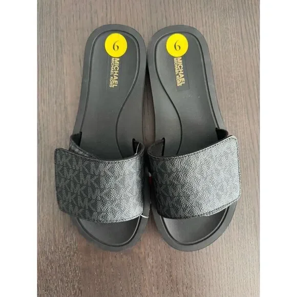 MICHAEL KORS Women’s Sz 9 M Wade Slide 45S0WDFA2B Black/Dk Grey MK New - Picture 2 of 4